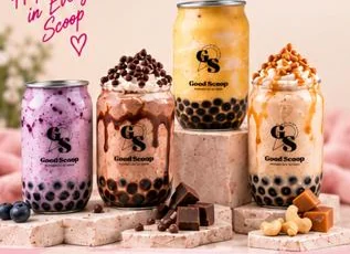 Good Scoop boba shakes in branded cans — blueberry, classic chocolate, nutella and cashew caramel