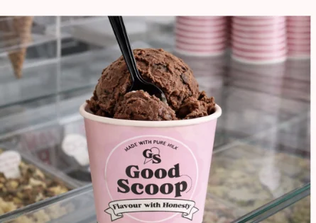 Scoop of Good Scoop handcrafted chocolate ice cream served in a branded cup