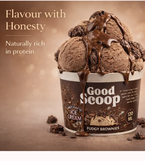 Good Scoop Fudgy Brownies handcrafted ice cream, naturally rich in protein
