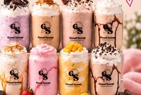 Good Scoop thick shakes and milkshakes topped with cream, Oreo and mango