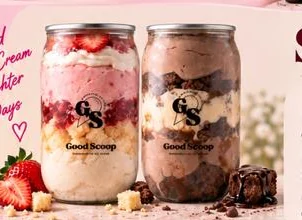 Good Scoop layered sundae jars — strawberry and brownie fudge