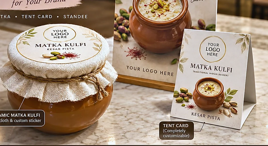 White-label matka kulfi with a custom-branded sticker, tent card and standee for restaurants